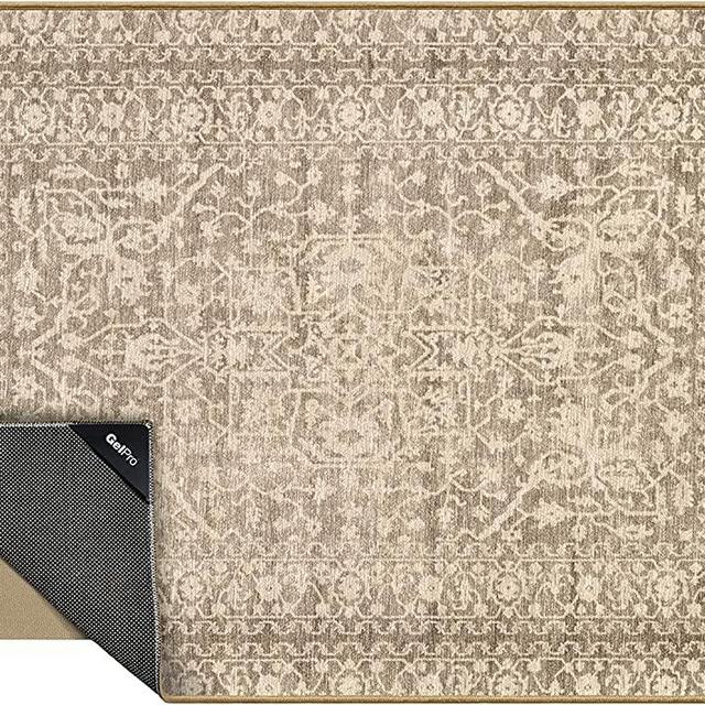 GelPro Nevermove Artisan Accent Machine-Washable Chenille Textured GellyGrippers, 24x34, Bella Persian Aged Khaki (Rug + Comfort Mat)