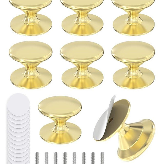 MeBantoo 8-Pack Adhesive Drawer Knobs, Aluminum Alloy Stick on Cabinet Pulls for Kitchen, Bathroom, Wardrobe & Dresser - No Punching Peel and Stick Round Drawer Handle (8, Gold)