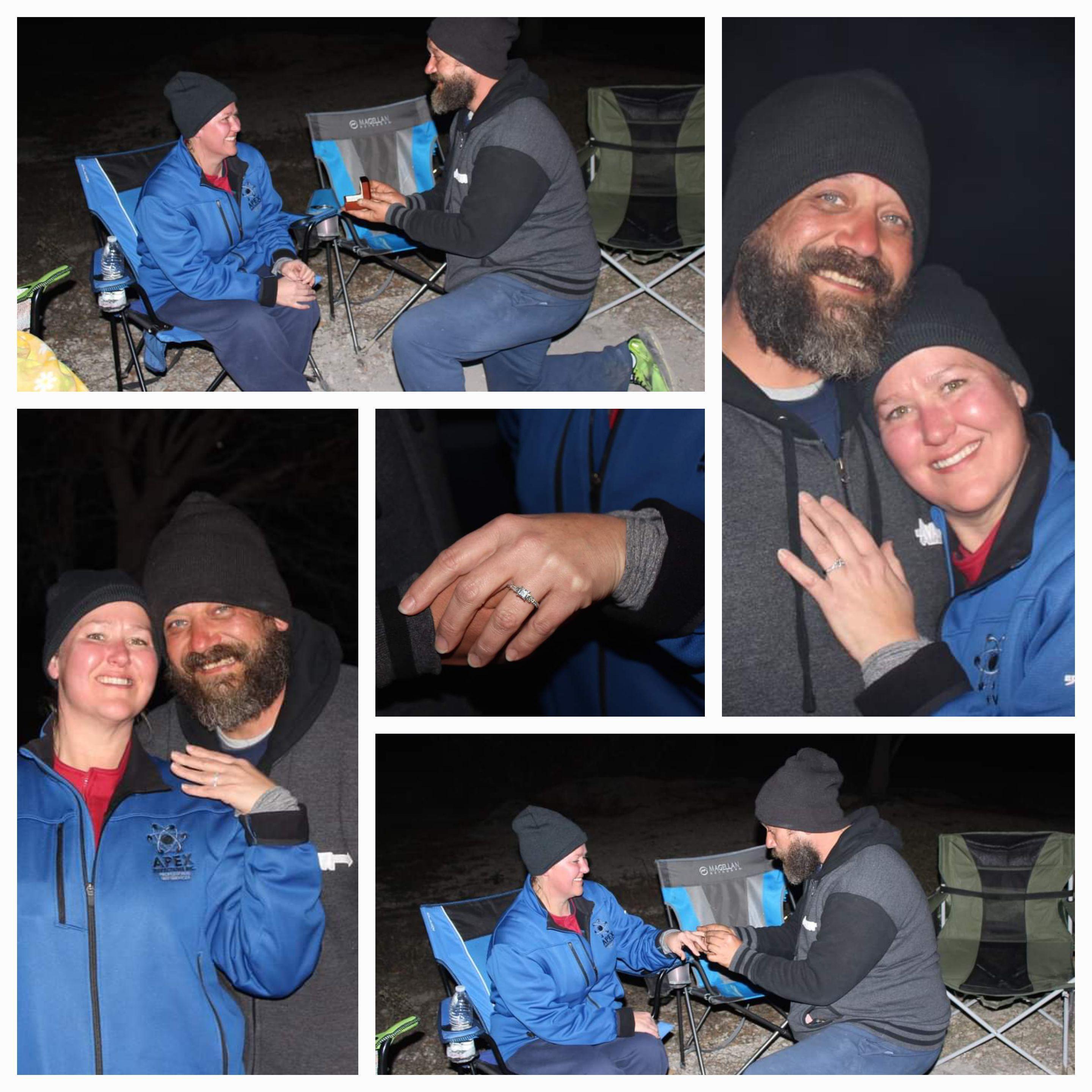 Our engagement! Thanksgiving 2021 - Van Keer camping trip. It was cold and we were huddled around the fire.  Next thing Rachel knew Koen was getting down on one knee and asking her to say I DO!