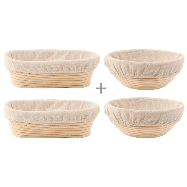 DOYOLLA Bread Proofing Baskets Set of 2 10 inch Oval Shaped Dough Proofing Bowls w/Liners and Set of 2 8.5 inch Round Dough Proofing Bowls w/Liners Perfect for Professional & Home Sourdough Bread