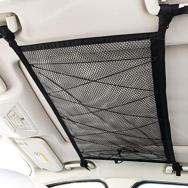 Kaskawise Car Ceiling Cargo Net Pocket, 31"x21" Adjustable Double-Layer Mesh SUV Roof Organizer Long Trip Storage Bag,Tent Putting Quilt Children's Toy Towel Sundries Interior Accessories