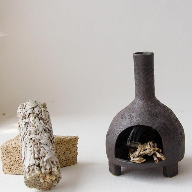 Sculptural Ceramic Incense Holder & Burner, Handmade Textured Clay with Black Glaze, for Sage & Palo Santo, Rustic Natural Decor for Wabi-Sabi Yoga & Meditation