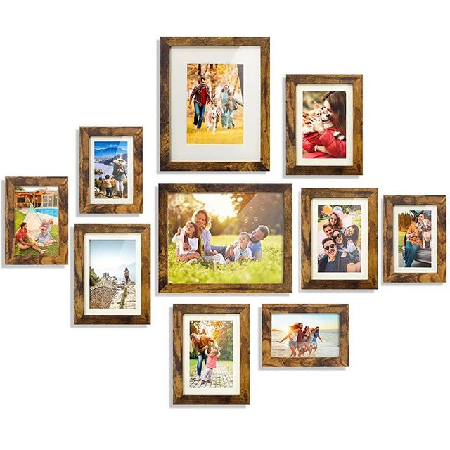 EOMEOH Picture Frames Set of 10, Multi Wood Photo Frames Collage with Real Glass and Mat Including Two 8×10 Four 5×7 Four 4×6 Size for Wall Decor or Tabletop, Rustic Brown
