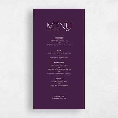 Eggplant, Purple Wedding Menu - Hazeldale