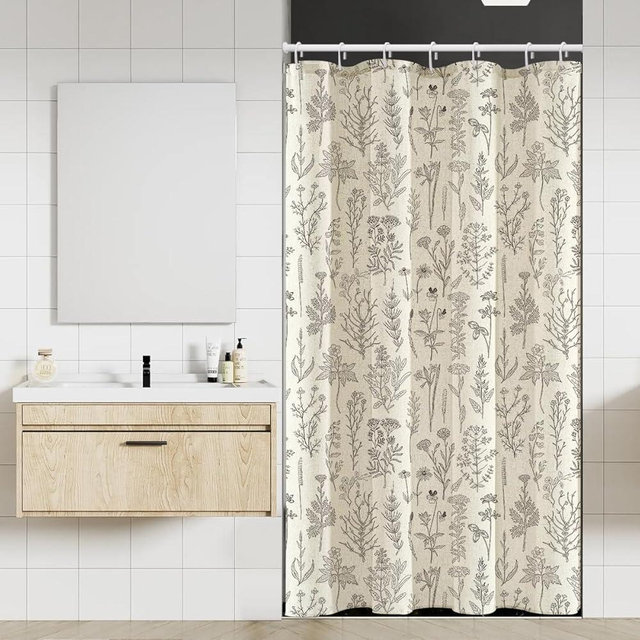Coxila Linen Shower Curtain Stall Small Spring Farmhouse Floral Vintage Beige Botanical Neutral Half Narrow Single Walk in Stand up Heavy Duty Textured Toile Bathroom 36x72 Inch Fabric 7 Pack Hooks