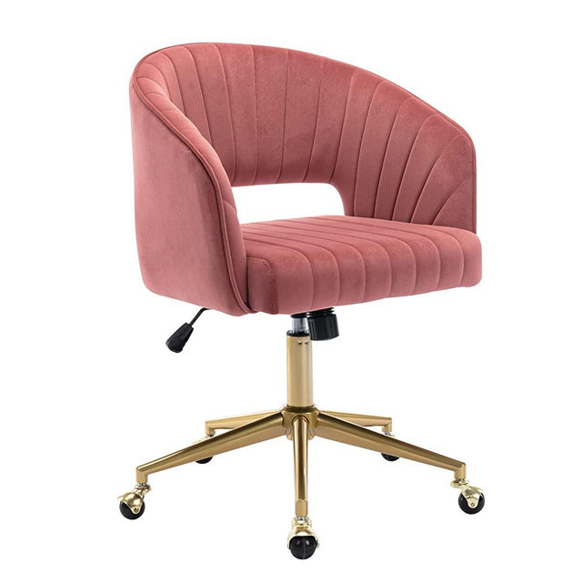 Home Office Chair Swivel Velvet Desk Chair Accent Armchair Upholstered Modern Tufted Chairs with Gold Base for Girls Women Ergonomic Study Seat Computer Task Stools for Living Room,Bean Paste Red