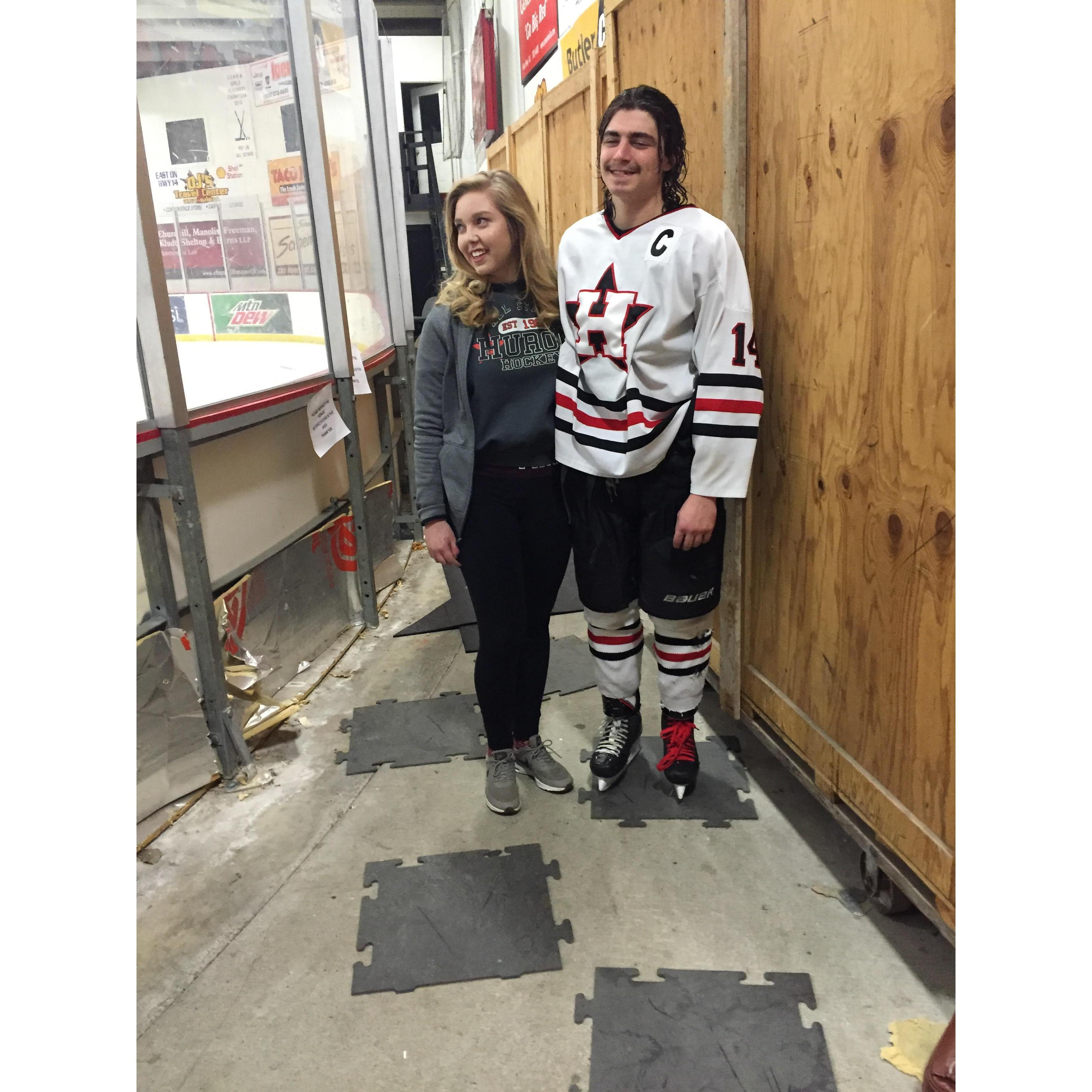Jacob was the captain of the hockey team his senior year of high school. Cameron was convinced the C on his jersey was her initial.