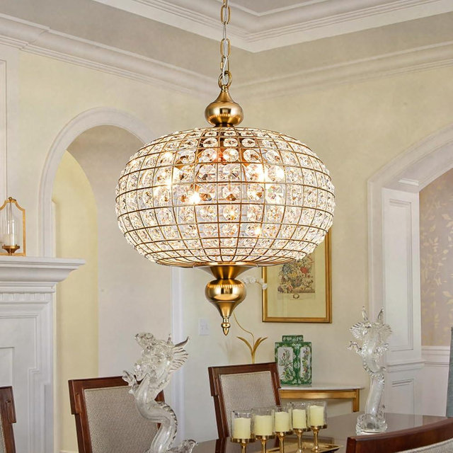 HUOKU Gold Crystal Chandelier, 16.5" Modern 4-Light Round Crystal Pendant Light Antique Globe Foyer Chandelier for Dining Room Living Room
