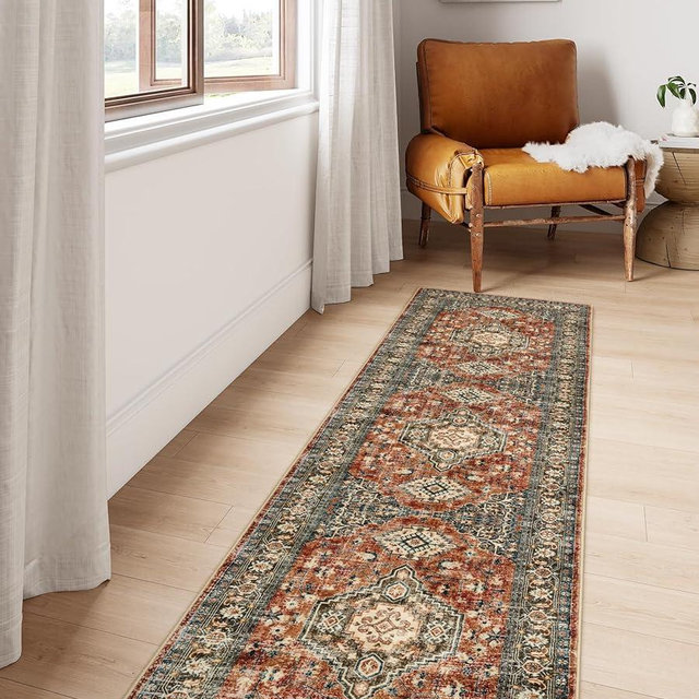 Lahome Oriental Washable Runner Rug Non Slip, 2x7 Rug Runners for Hallways Kitchen, Ultra-Thin Hallway Rugs for Laundry Room Bathroom Bedroom, Brick Red