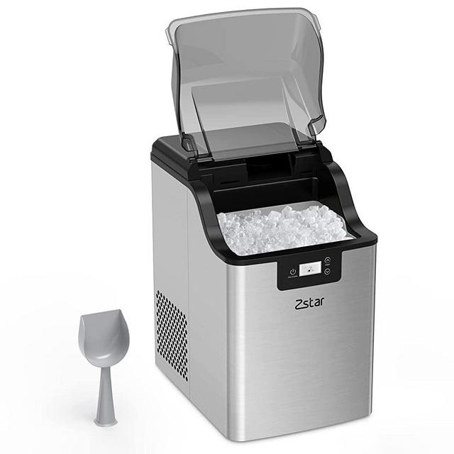 Zstar Nugget Ice Maker, Stainless Steel Countertop Ice Machine with 44Lbs/24H Output, Crunchy Sonic Ice Maker Machine, Self-Cleaning Portable Ice Maker with Freestanding Ice Scoop for Home,Office,Bar