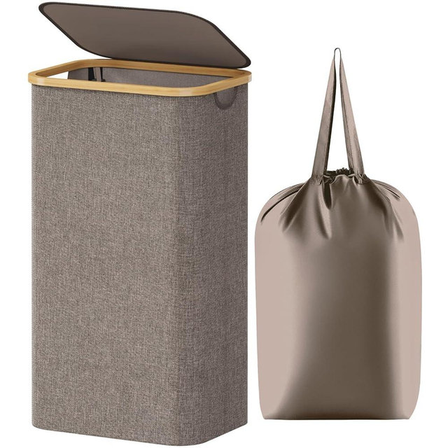 Lifewit 100L Laundry Basket with Lid, Clothes Hampers for Laundry with Bamboo Handles and 1 Removable Bag, Large Foldable Laundry Hamper for Bedroom, Bathroom, Dorm, Laundry Room, Brown