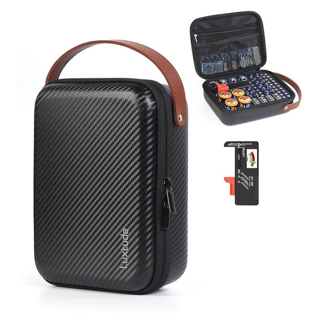 Luxtude Small Battery Organizer Storage Case with Tester, Hard Batteries Storage Holds 61, Portable Batteries Case Organizers, Drawer Caddy & Daddy (Black)