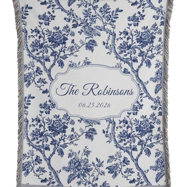 Personalized Blue French Toile Wedding Blanket with Custom Couple Names and Date - Woven Cotton Throw, Unique, Elegant Keepsake for Home Decor, Engagement or Bridal Shower