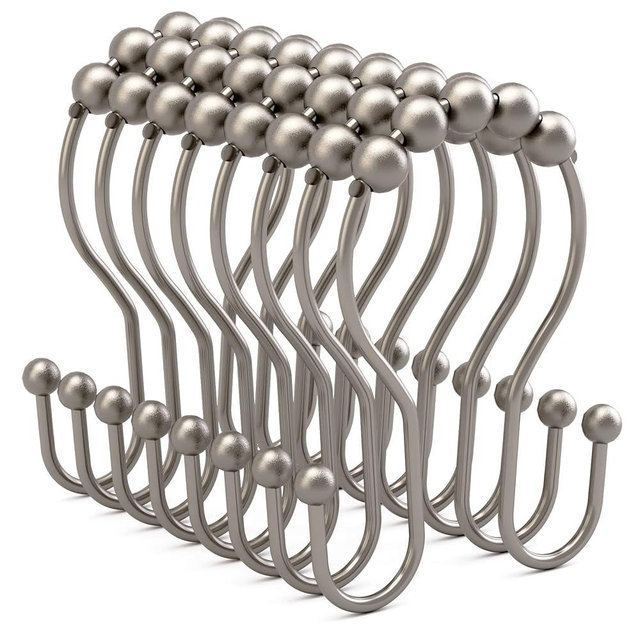 Bathway Shower Curtain Rings Shower Curtain Hooks Rust Proof Balanced Smooth Glide, Double Shower Curtain Hooks, Shower Hooks for Shower Curtain, 12 Pcs, Matte Nickel