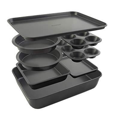 Elbee Home 8 Piece Baking Pan Set, Patented Space Saving Self Storage Design, Nonstick Carbon Steel Bakeware Set