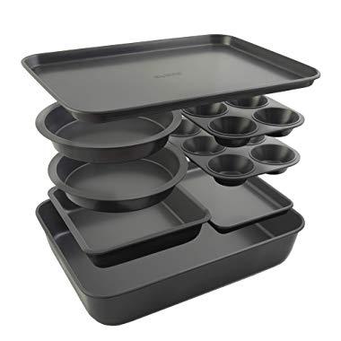 Elbee Home 8 Piece Baking Pan Set, Patented Space Saving Self Storage Design, Nonstick Carbon Steel Bakeware Set