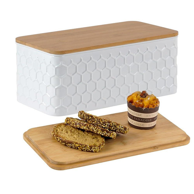 HOME PALETTE Large Bread Box for Kitchen Countertop Corner Breadbox for Homemade Bread Metal White Honeycomb Pattern Embossed Bread Storage Container Bin with Bamboo Lid