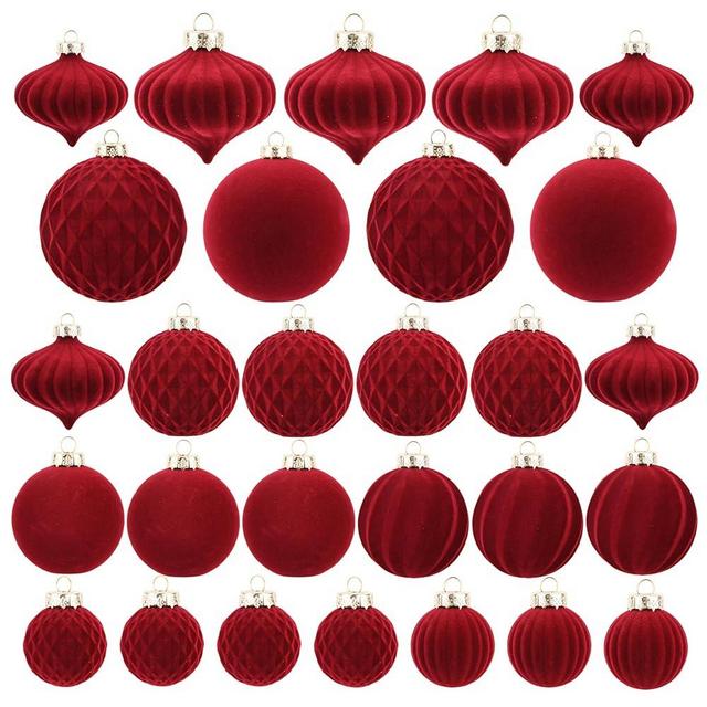 Flocked Ornaments for Christmas Tree Decorations - 28pcs Burgundy Velvet Ball Ornament for Xmas Holiday Decor - Plastic Shatterproof Christmas Ornaments Bulk