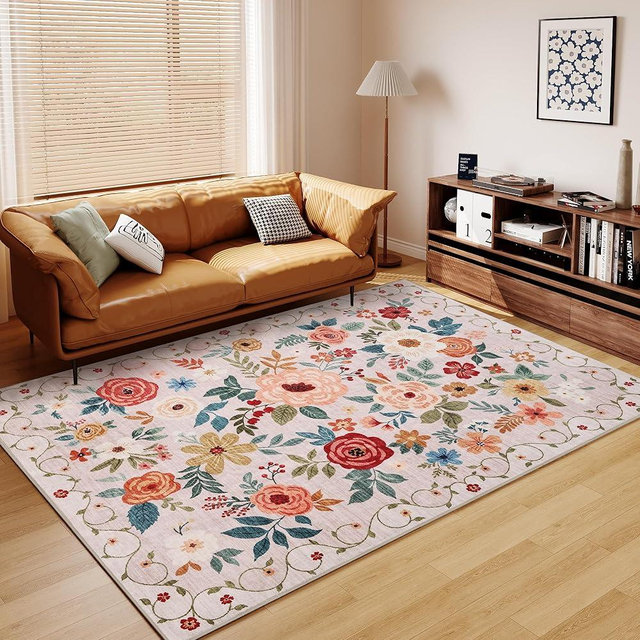 DUKINO 8x10 Area Rug, Floral Rugs for Living Room, Lightweight Non Slip Washable Rug, Indoor Low Pile & Non-Shedding Boho Design Rugs for Bedroom, Living Room, Dining Room, Beige