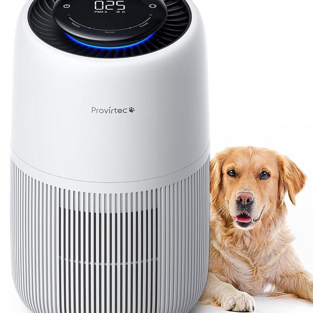 Provirtec Air Purifiers for Home Pets, Effectively Filter Pet Hair Odor Dander Allergies, Enhanced Activated Carbon, 360° Grille Air Intake, 5-Stage H13 True HEPA Filter with PM2.5 Monitor & Auto Mode