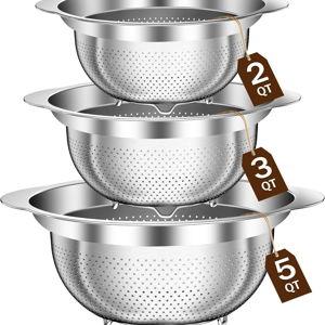 Stainless Steel Colander for Kitchen, Stainless Steel Strainer, Pasta Strainer for Spaghetti Fruit Cooking Food, 3 Pcs Strainers and Colanders(2QT, 3QT, 5QT), Dishwasher Safe, Kitchen Present
