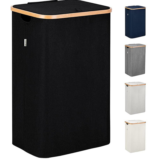 Lonbet - Black Laundry Hamper with Lid - XL 100 L - Large Hampers for Laundry with Handles - Black Laundry Baskets with Lid for Bedrooms - Bamboo Bathroom Tall Black Hamper