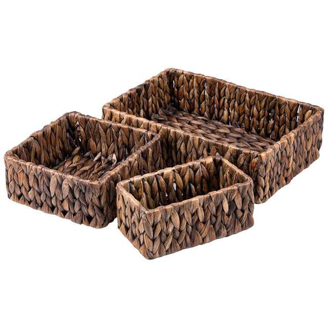 FairyHaus Wicker Baskets for Organizing 3Pack, Large and Small Wicker Storage Baskets Set, Hand Woven Baskets for Storage, Brown Water Hyacinth Storage Baskets for Pantry Shelf