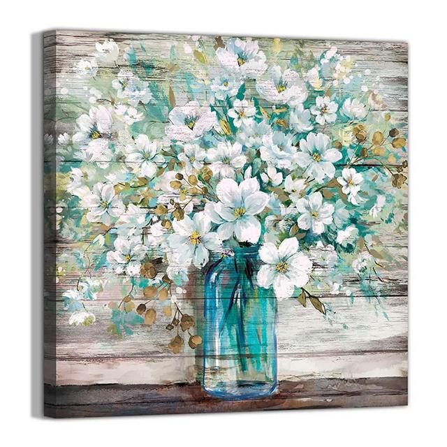 Country Style Canvas Wall Art Teal Blue Mason Bottle White Flower Rustic Wall Decor Art Hanging in The Bedroom Bathroom Living Room Dining Room Office Fireplace Kitchen Murals Decor( 14x14) …