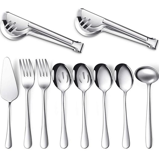 10 Pieces Serving Utensils Include 2 Large Serving Spoons 2 Slotted Serving Spoons 2 Serving Forks 2 Serving Tongs 1 Soup Ladle and 1 Pie Server Buffet Catering Serving Utensils for Dishwasher Safe