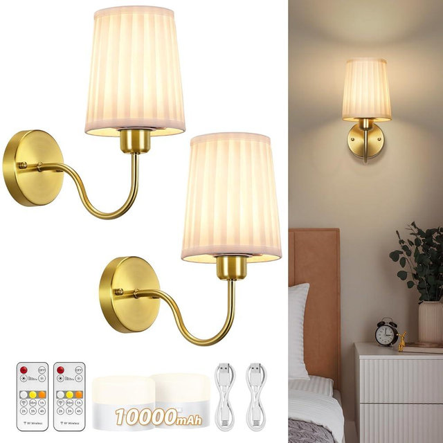 NookNova Battery Operated Wall Sconce Set of Two, Wireless Wall Sconces with 10000mAh Dimming Magnetic Bulb, Rechargeable Wall Sconce with Pleated Fabric for Bedroom Living Room Gallery Hallway, Gold