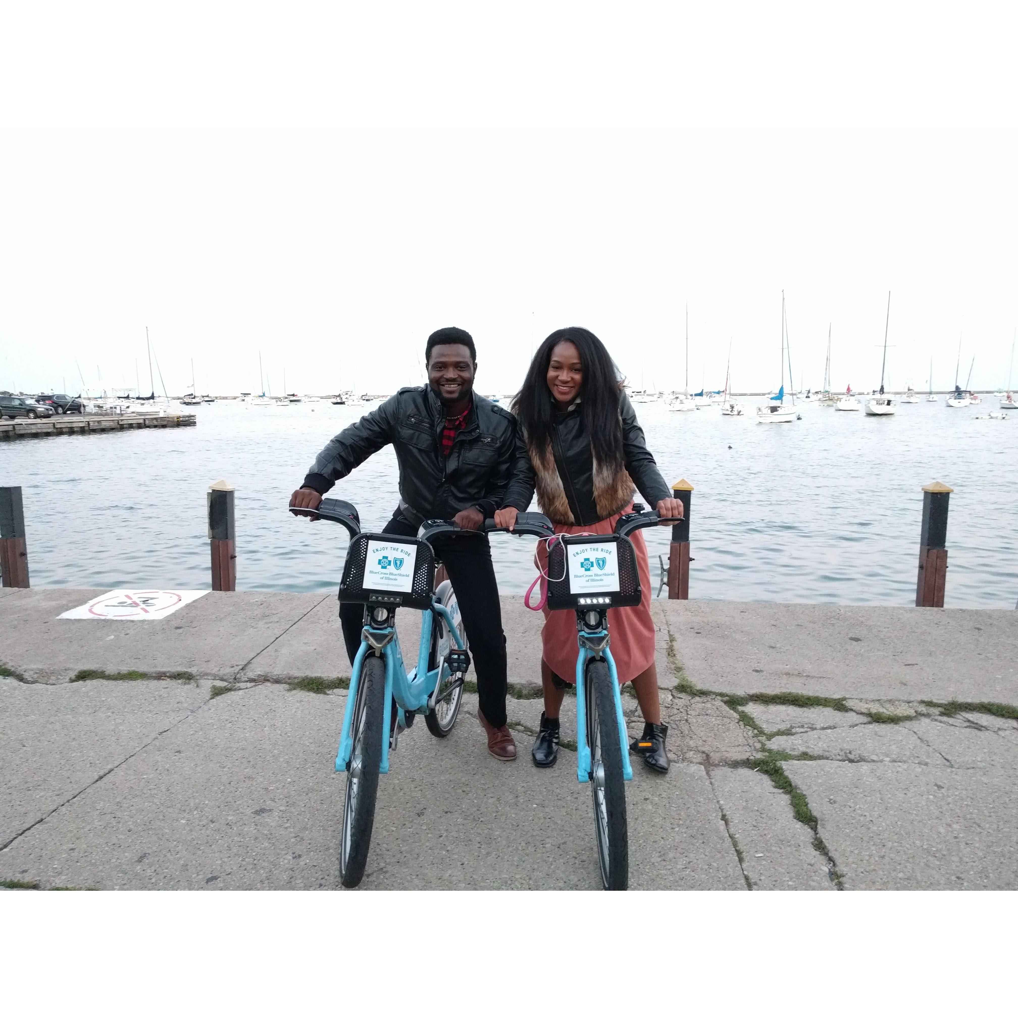 Teaching Diipo to ride a bike in Chicago
