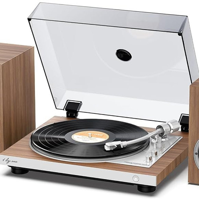 1 BY ONE Fully Automatic Record Player, HiFi Vinyl Turntable with Automatic Repeat Function, Bookshelf Speakers, Remote Control, Built-in Phono Preamp & DSP, AT-3600L Cartridge, Belt Drive 2-Speeds