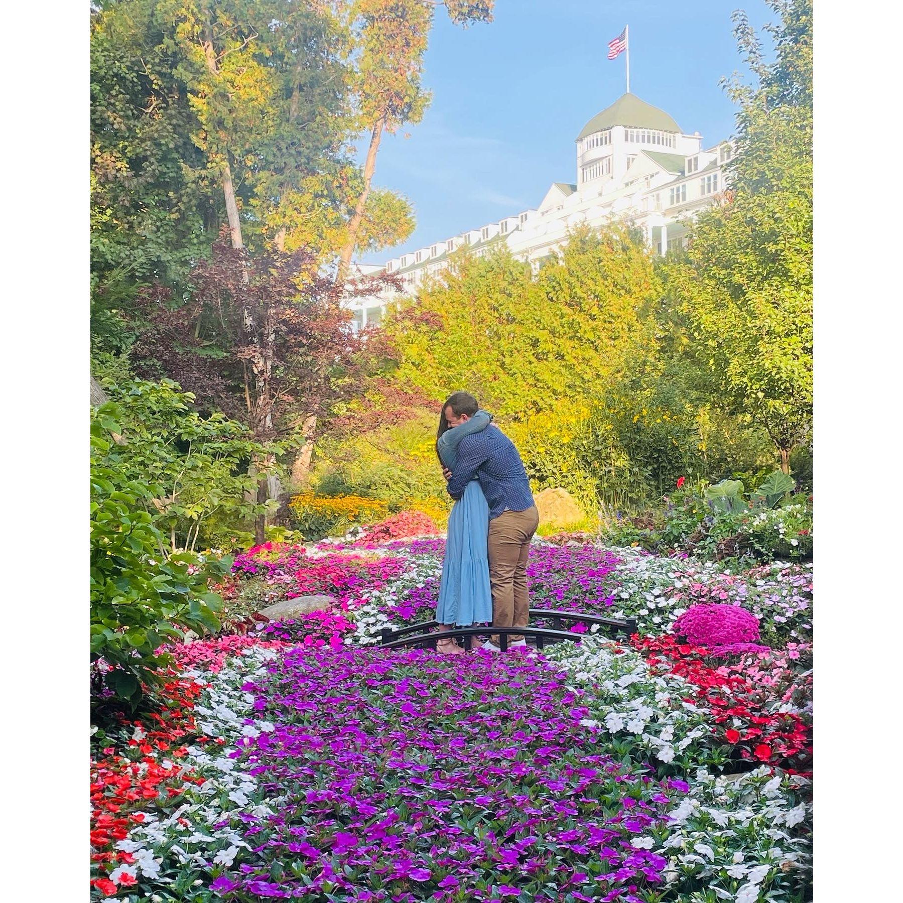 During our trip to Mackinaw Island, after Luke proposed.