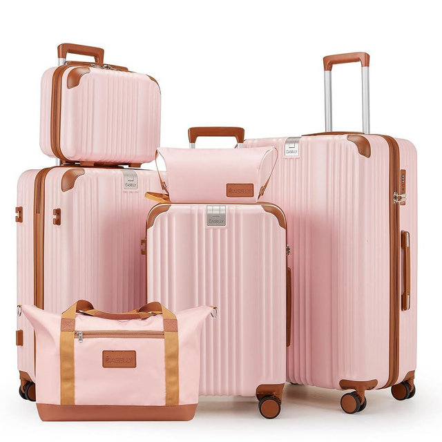 CASELLY Luggage Set 6 Piece Luggage with PC+ABS Hardshell TSA Lock Spinner Wheels Carry on Lightweight Suitcase Cup Holder，YKK Zippers(Pink, 6 piece sets（14/20/24/28/DB/TB）)