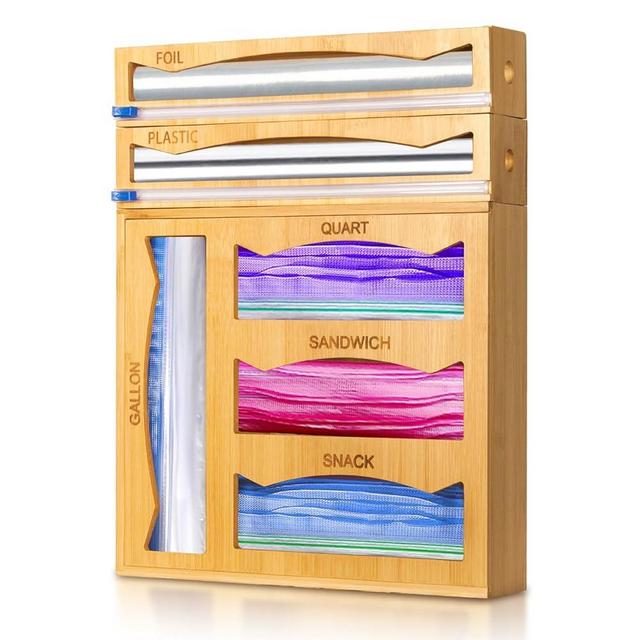WHOMASS 6-in-1 Magnetic Bamboo Drawer Organizer for Food Bags and Wraps Adjustable Compartment Storage with Dispenser and Cutter Fits Gallon Quart Sandwich and Snack Sizes