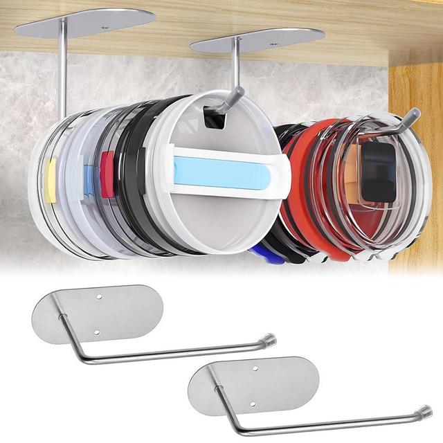 Tumbler Lid Organizer, 2 Pack Cup Lid Organizer for Yeti Stanley Simple Modern Tumbler Lids, Tumbler Lid Holder Under Cabinet, Drilling Tumbler Cup Lid Organizer/Self-Adhesive Tumbler Lid Hanger