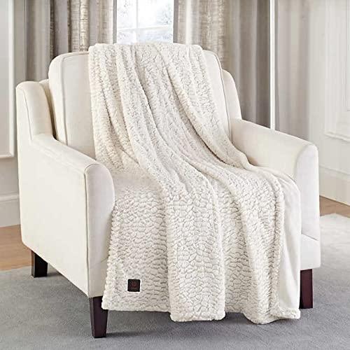 Brookstone Ultra Soft Plush Electric Heated Throw 4-Heat Settings Built-in Remote, Machine Washable, Grey/White Design (Ivory)