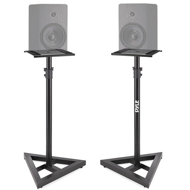 Pyle Speaker Stand Pair of Sound Play 1 and 3 Holder - Telescoping Height Adjustable from 26” - 52” Inch High Heavy Duty Three-point Triangle Base w/ Floor Spikes and 9” Square Platform, Black
