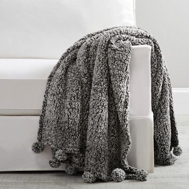 Cozy Pom Pom Sherpa Throw, 50 x 60", Heathered Gray