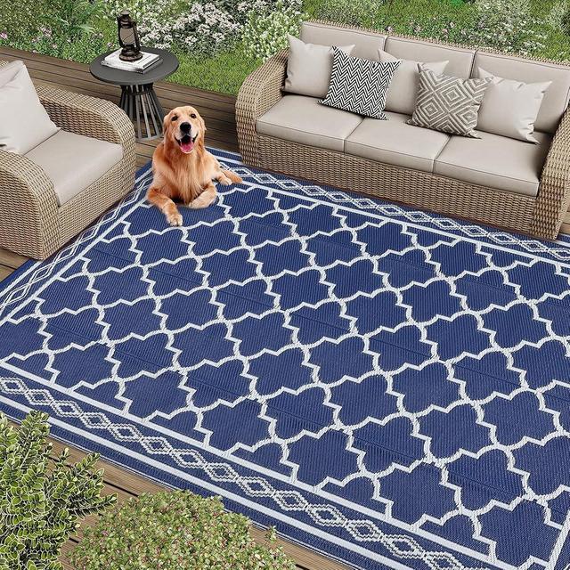 Garvee Outdoor Rug 10'x20' for Patios Clearance, Reversible Outdoor Plastic Straw Waterproof Camping Carpet, Large Area Rugs Patio Mats for Outside RV, Camper, Deck, Porch, Picnic (Dark Blue/White)