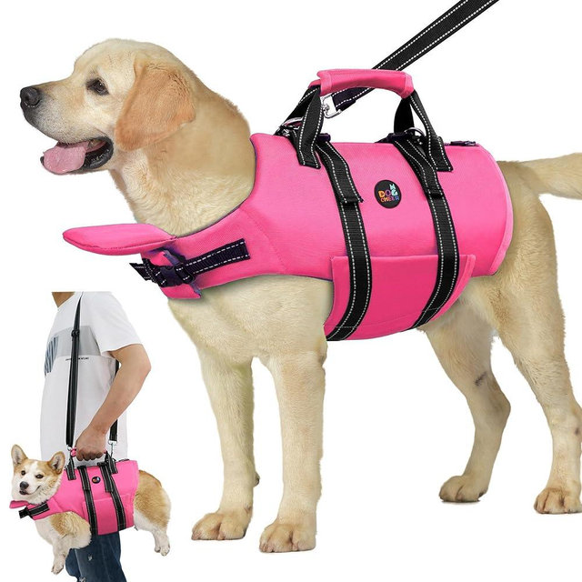 Dogcheer Dog Life Jacket with Zipper and Rescue Handle, Ripstop Puppy Life Vest with Chin Float for Swimming, Adjustable Swim Water Vest for Small Medium and Large Dogs-Pink,L