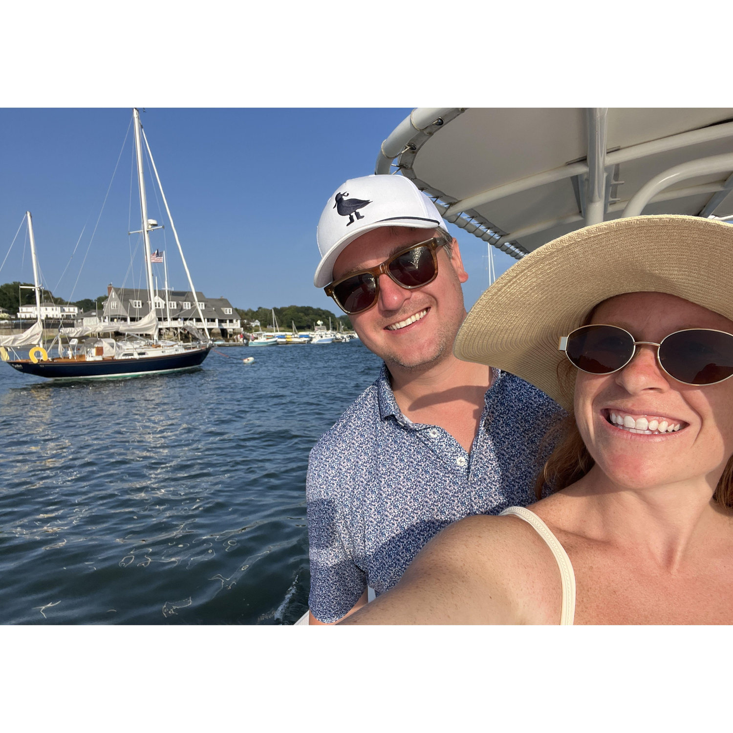 A beach day in Gloucester on Alexa's dad's boat. Look closely to see Annisquam Yacht Club in the background!