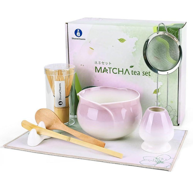 ShareCharm Matcha Whisk Set - 8 Pieces Japanese Matcha Set with Floral Ceramic Bowl, Includes Bamboo Whisk, Scoop, Sifter & Towel, Matcha Kit for Traditional Tea Making (Ombre Lavender)