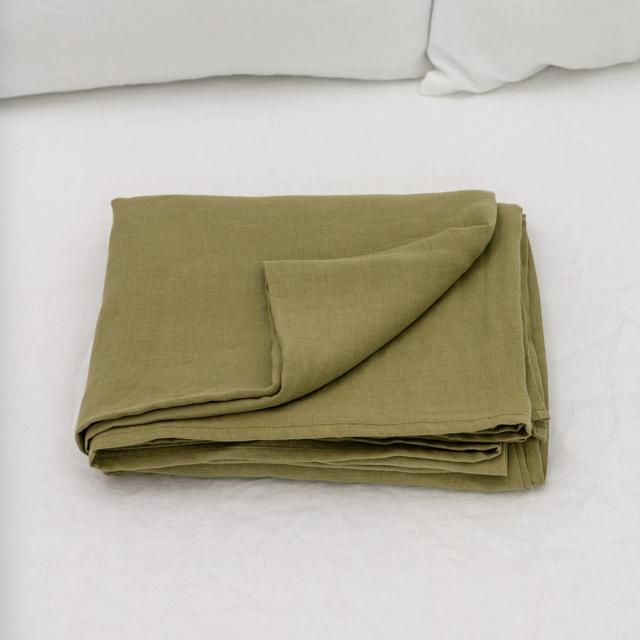 Olive green flat linen bed sheet in king, queen, single, twin and other custom sizes, aesthetic organic natural linen bedspread