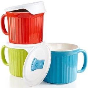 Corningware French White 6 piece Pop-In Mug Multi Color: Includes (1)fluted sprout mug with lid, (1) fluted pool mug with lid, (1) flutedvermilion mug with lid