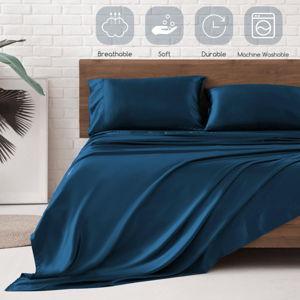 MR&HM Satin Bed Sheets, Queen Size Sheets Set, 4 Pcs Silky Bedding Set with 15 Inches Deep Pocket for Mattress (Queen, Teal)