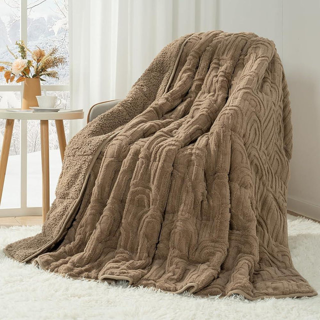 Cottonblue Jacquard Weighted Blanket for Adults 15 lbs Queen Size, Cozy Fluffy Sherpa Fleece Weighted Throw Blankets 60" x 80" for Sleep Relax, Fuzzy Warm Arch Heavy Blanket Soft for Bed Couch, Khaki