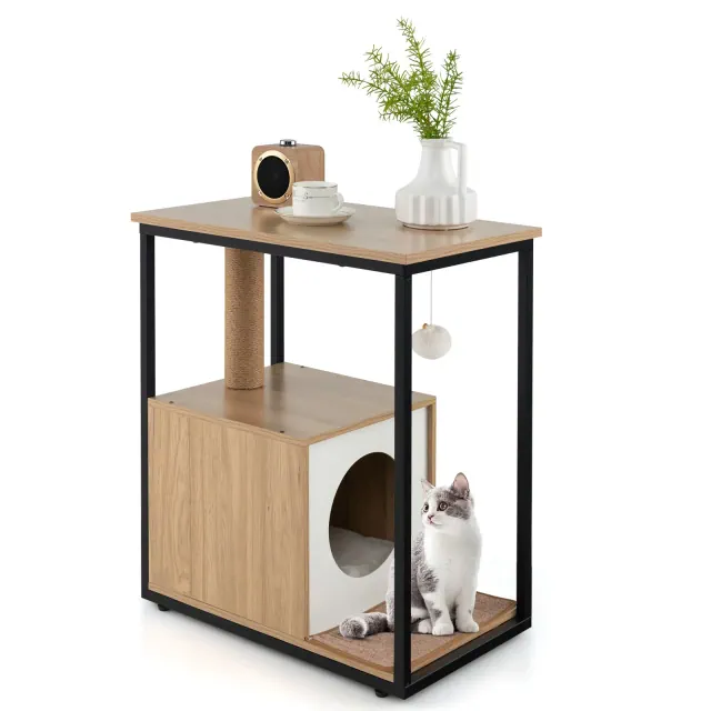 Tangkula Cat Tree and End Table Cat End Table with Scratching Post Cat Condo Dangling Ball Detachable Plush Mat & Anti-Tipping Kits