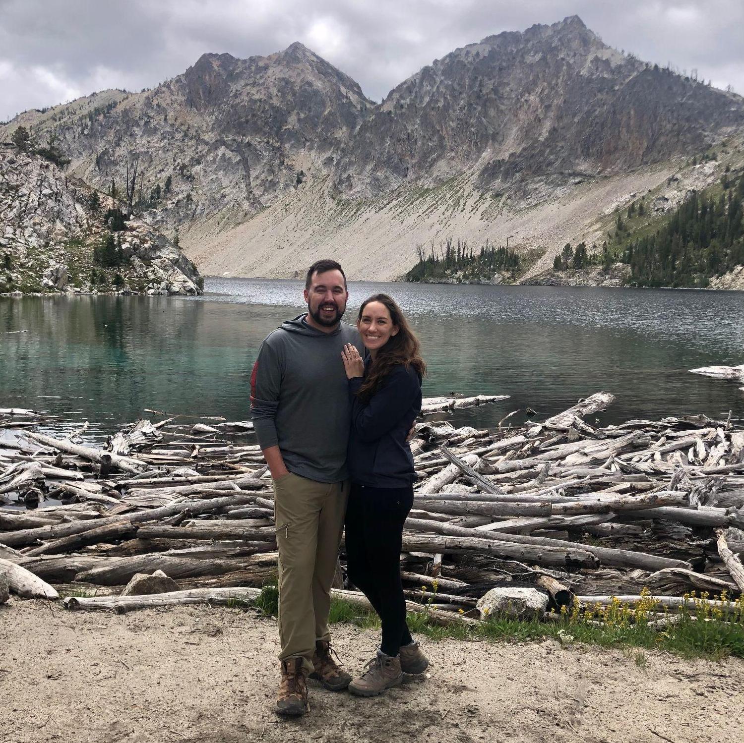 Proposal day last August 2023! Gavin popped the question at Sawtooth Lake, after a 5 mile uphill hike into Idaho's Sawtooth Wilderness