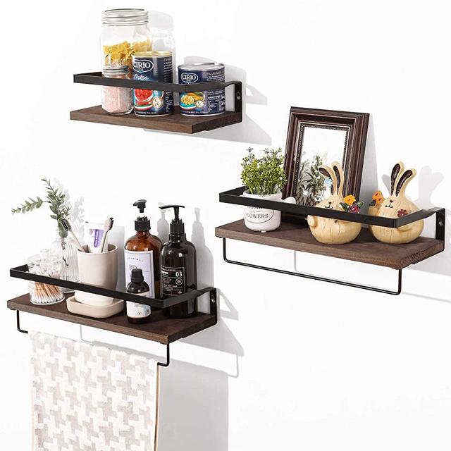 3 Set Pre-Installed Floating Shelves, Wall Mounted Storage Wood Shelf with Towel Rack, Rustic Decor Accessories for Bathroom, Kitchen, Bedroom, Office, Over Toilet - Brown